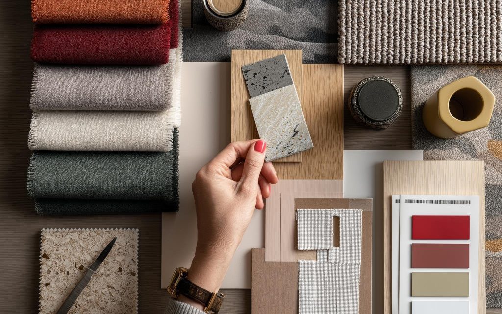 Interior design mood board with fabric, stone and paint swatches