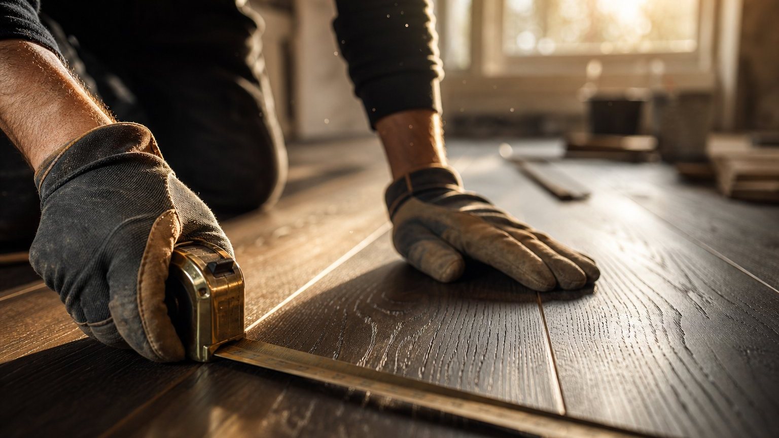 Close-up of craftsman hands fitting a new floor plank during a renovation