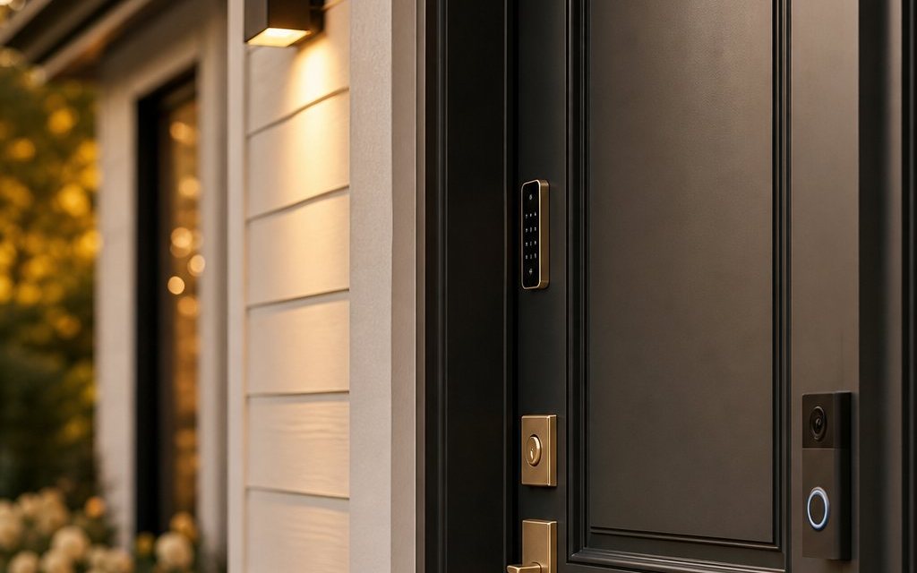 Smart doorbell camera and keypad lock at a home entrance
